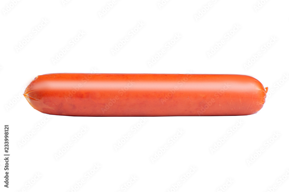 Sausage in a natural shell on a white isolated background Sausage in a natural shell on a white isolated background