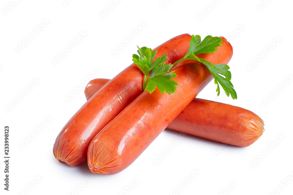 Sausages in a natural shell decorated with parsley on a white isolated background Sausages in a natural shell decorated with parsley on a white isolated background