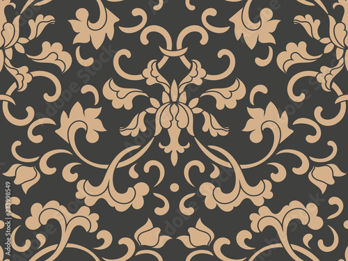 Vector damask seamless retro pattern background botanic garden spiral curve cross leaf frame vine flower