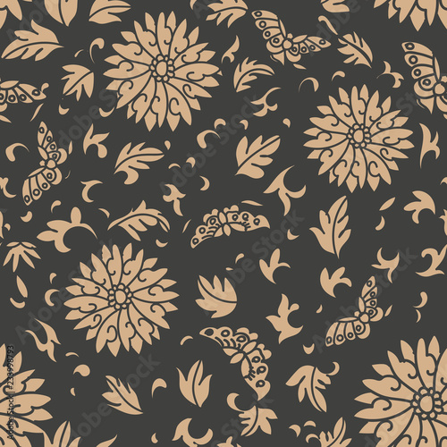Vector damask seamless retro pattern background oriental spiral curve cross frame vine leaf flower