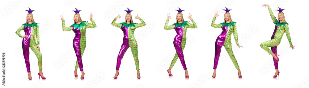 Woman wearing clown costume isolated on white Woman wearing clown costume isolated on white