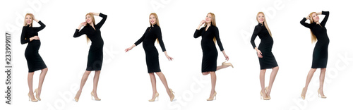 Pretty pregnant woman in black dress isolated on white
