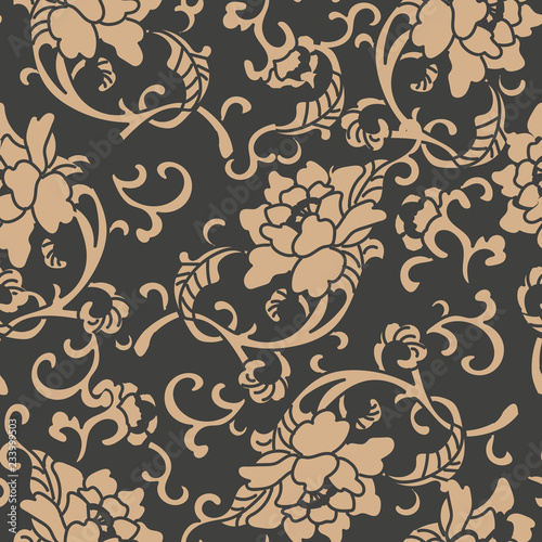 Vector damask seamless retro pattern background spiral curve cross leaf frame vine flower peony