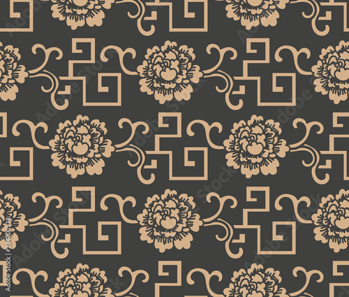 Vector damask seamless retro pattern background oriental geometry spiral cross frame lattice leaf vine chain flower