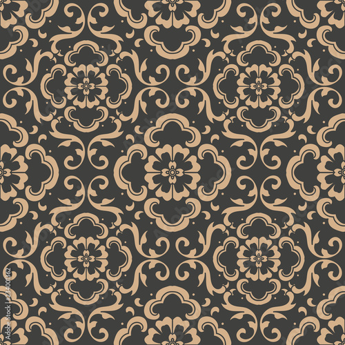Vector damask seamless retro pattern background spiral curve cross oriental frame chain vine flower