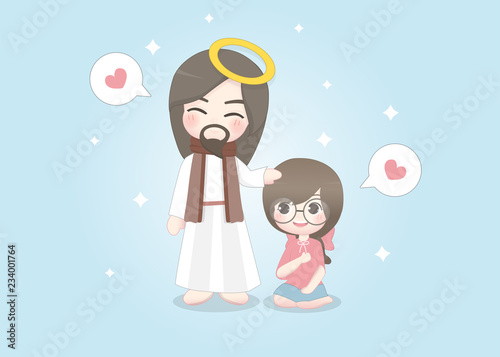 Jesus and cute girl happily talk to each other. Character design vector illustration. 