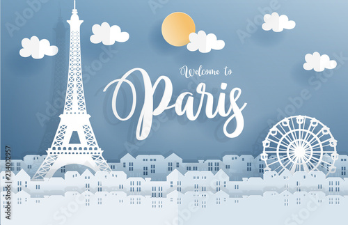 Symbol of Paris in paper cute style with city and Eiffel tower, Welcome to Paris, France. Vector illustration.