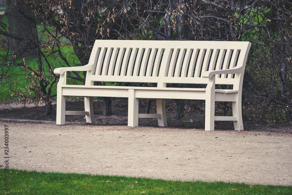 White wooden bench in park, alley