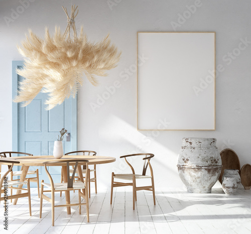 Home interior with poster mockup, Scandinavian Bohemian style, 3d render photo