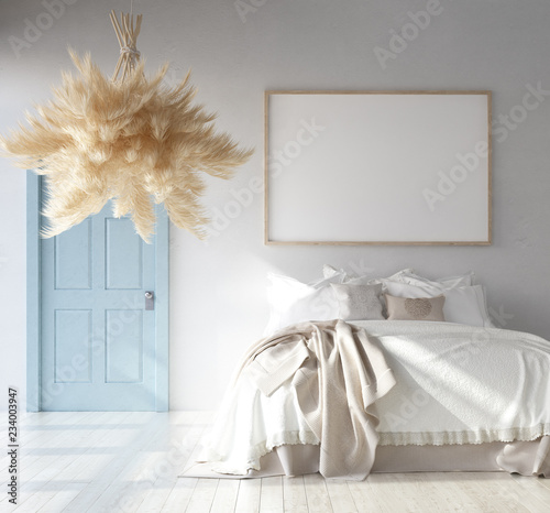 Carta da parati Stile Shabby Chic - Carta da parati Bedroom interior with poster mockup, Scandinavian Bohemian style, 3d render