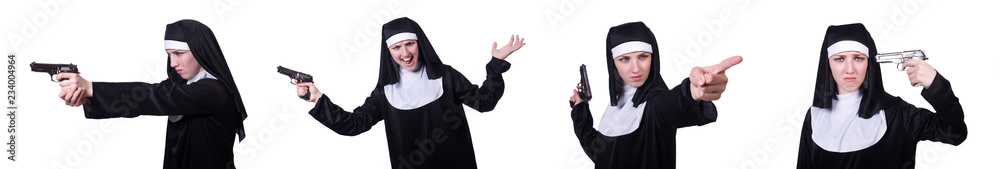 Nun with handgun isolated on white Nun with handgun isolated on white