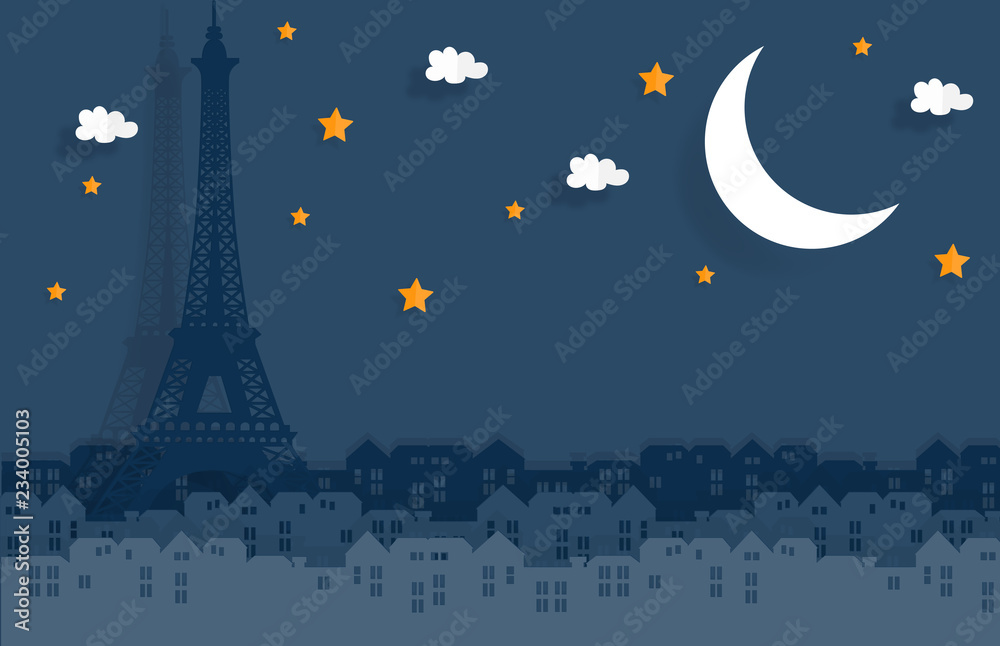 Fototapeta premium Paris in paper cute style with city and Eiffel tower, Night in Paris, France. Vector illustration.
