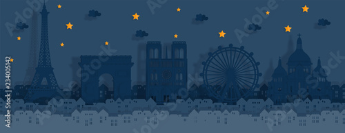 Symbol of Paris in paper cute style with city and Eiffel tower, Night in Paris, France. Vector illustration.