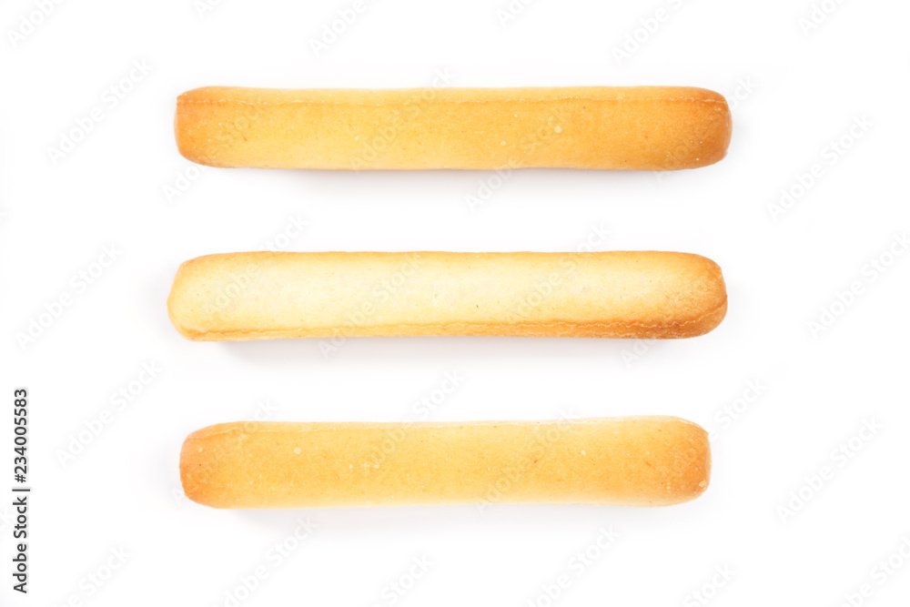 bread sticks top view on white background.