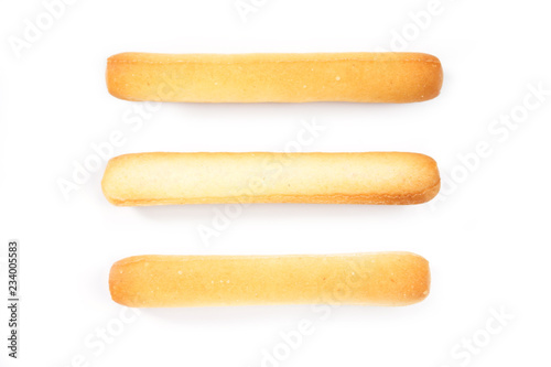 Foto bread sticks top view on white background.
