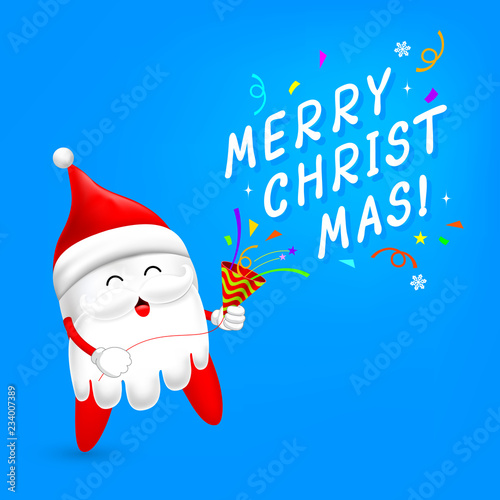 Cartoon Santa tooth character with papershoot. Merry Christmas and happy new year. Dental care concept. Illustration on blue background.