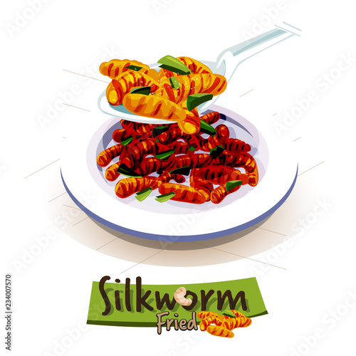 deep fried silkworms. insect food. Entomophagy concept - vector
