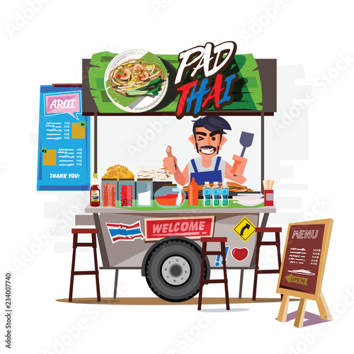 Pad Thai cart with merchant. Thailand food street concept - vector