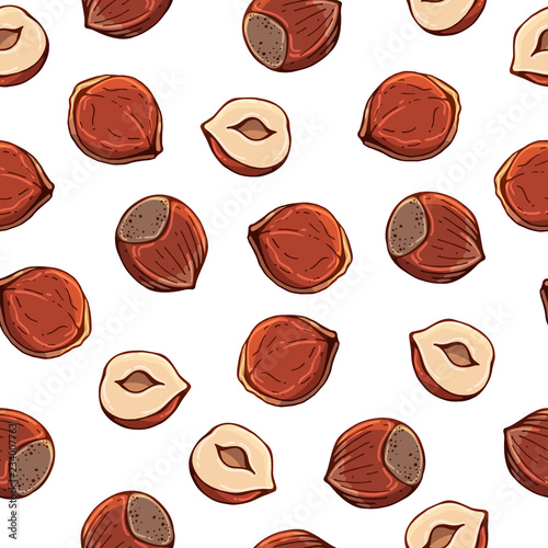 Pattern of vector colorful illustrations on the nutrition theme; set of hazelnuts. Realistic isolated objects for your design.