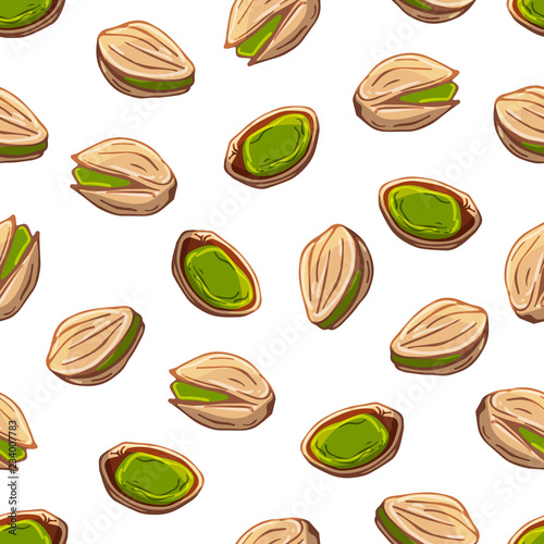 Pattern of vector colorful illustrations on the nutrition theme; set of pistachios. Realistic isolated objects for your design.