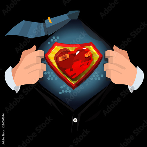 man open shirt to show "Painful or hurt heart" in cartoon style. Broken heart concept - vector