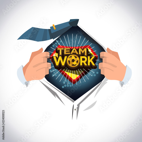 man open shirt to show "Team work" symbol or typographic design in cartoon style - vector