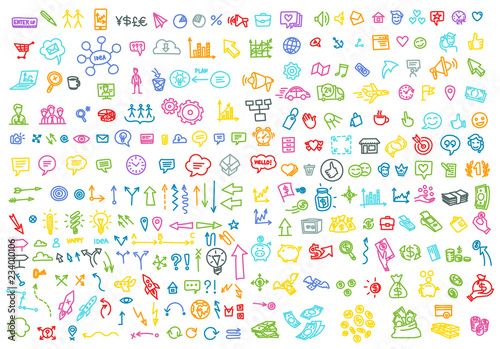 Hand draw business activity set doodle. Business ideas presentation. Bright background