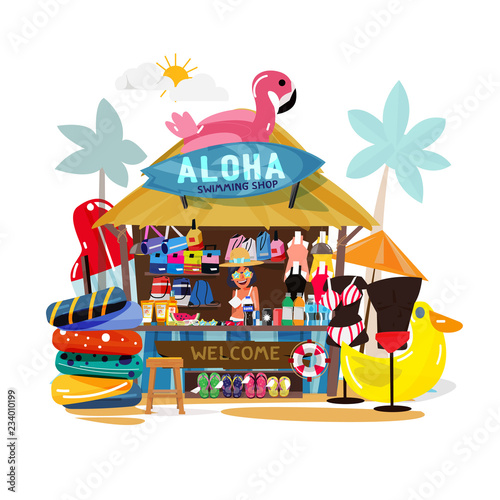Beach booth with tropical beach theme. swimming shop  - vector