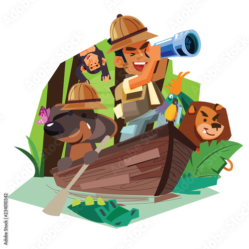 Explorer man with his dog rowing on the wooden boat in rain forest river to explorer for animal and nature - vector