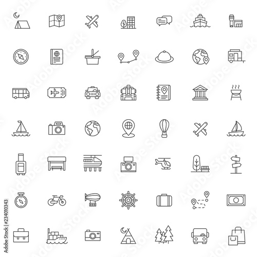 big set of travelling icon vector design with simple outline and modern style, editable stroke vector eps 10