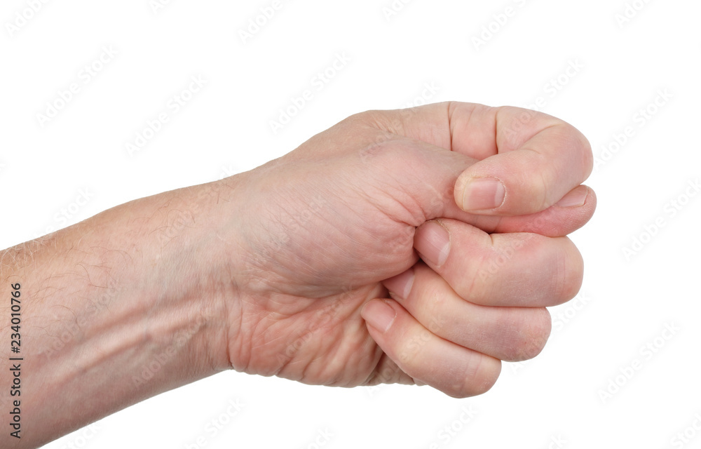 Fico sign- fist with a thumb, stuck between the index and middle in a sign of contempt and mockery. Isolated Fico sign- fist with a thumb, stuck between the index and middle in a sign of contempt and mockery. Isolated