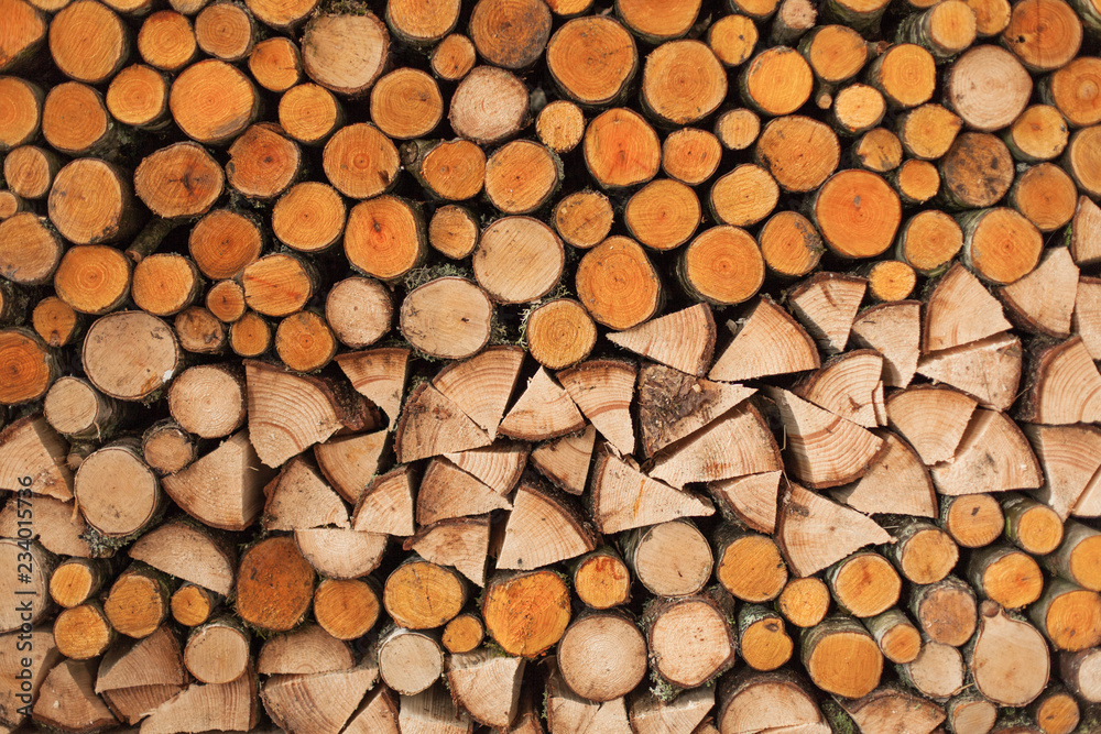 A woodpile of round logs and wood chucks in the countryside. A woodpile of round logs and wood chucks in the countryside.