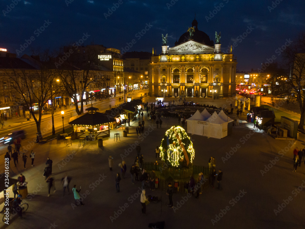 beautiful cityscape of old european city in night. aerial view