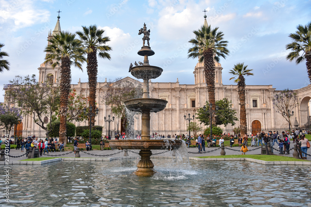 Views of the Plaza de Armas, Basilica Cathdral and colonial buildings in Arequipa, Peru