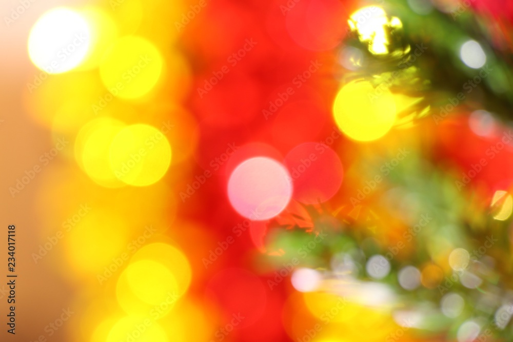 Blurry christmas tree with bokeh background and copy space