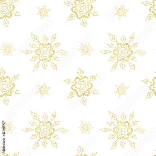 Christmas vector seamless pattern different size gold and white silhouettes of snowflake on a white background for bedding, textile, wallpaper, wrapping, cover page, web site, card.