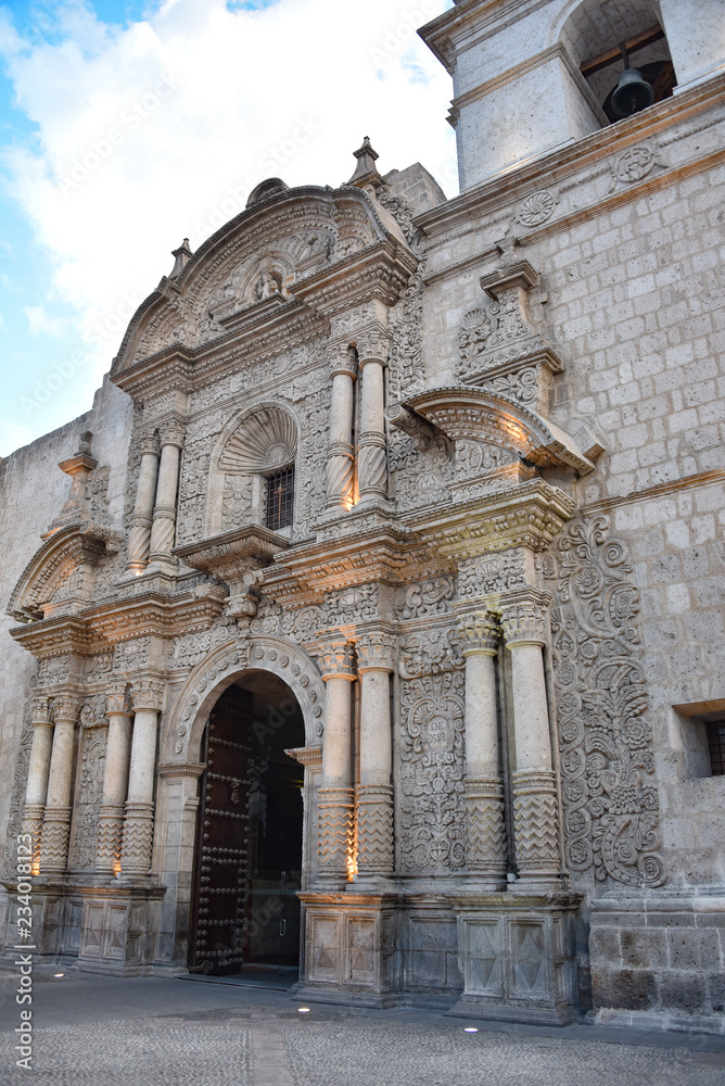 Main entrance to the Jesuit Church of the Company of Jesus (Iglesia de la Compania) in Arequipa, Peru