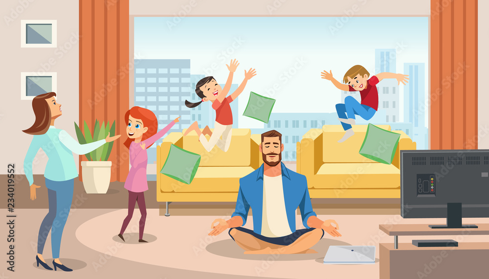 Happy father in lotus position surrounded family Happy father in lotus position surrounded family