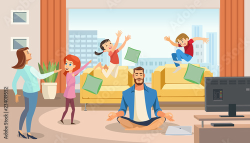 Happy father in lotus position surrounded family