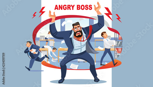 Angry boss screams in chaos at his subordinates