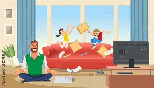 Father in a state of stress with playing children