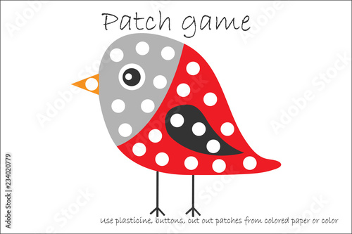 Education Patch game Bullfinch for children to develop motor skills, use plasticine patches, buttons, colored paper or color the page, kids preschool activity, printable worksheet, vector illustration