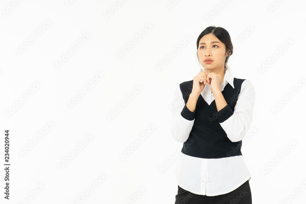 Business asian woman isolated on white. Young beautiful arab woman over isolated background .Unhappy stress serious woman. Business asian woman isolated on white. Young beautiful arab woman over isolated background .Unhappy stress serious woman.