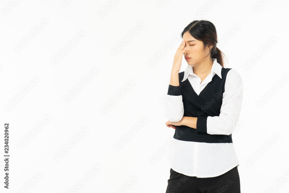 Business asian woman isolated on white. Young beautiful arab woman over isolated background .Unhappy stress serious woman. Business asian woman isolated on white. Young beautiful arab woman over isolated background .Unhappy stress serious woman.