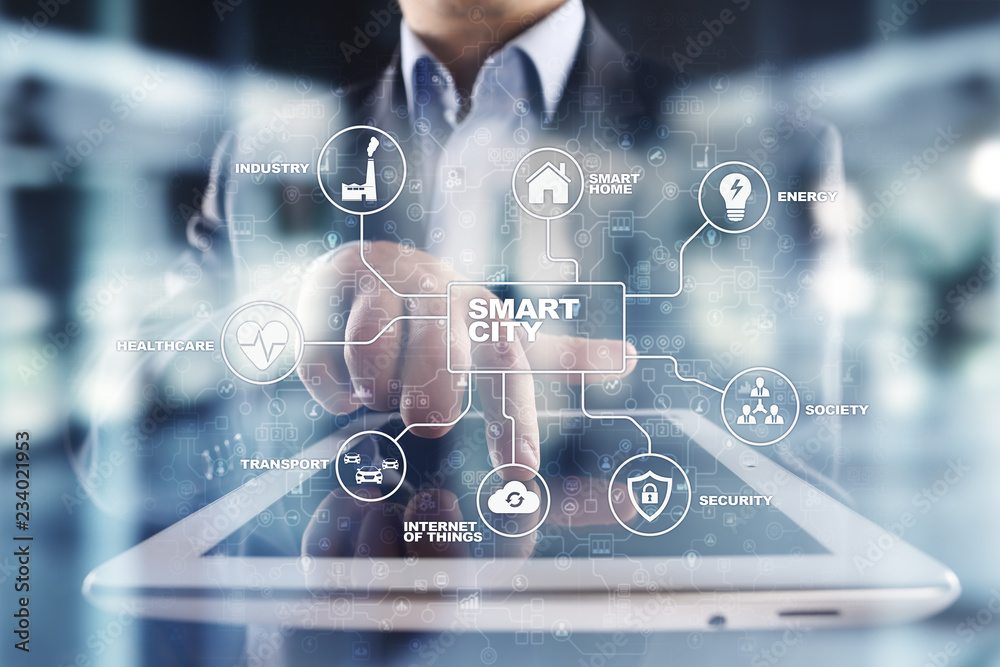Smart city. IOT, innovation and automation concept on virtual screen. Smart city. IOT, innovation and automation concept on virtual screen.