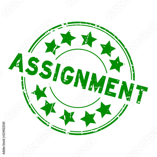 Grunge green assignment wording with star icon round rubber seal stamp on white background