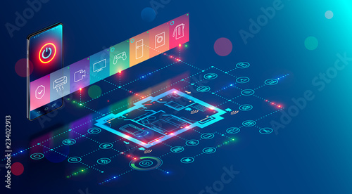 IOT isometric concept. mobile app of smart home controls Internet of things via phone. House automation system technology