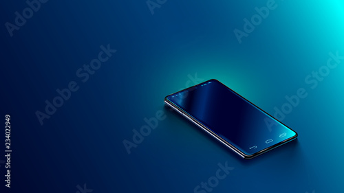 Modern black smart phone lies on a smooth dark blue surface or table in perspective view. Realistic vector illustration isometric smartphone. New shiny mobile cellphone with reflection on the screen