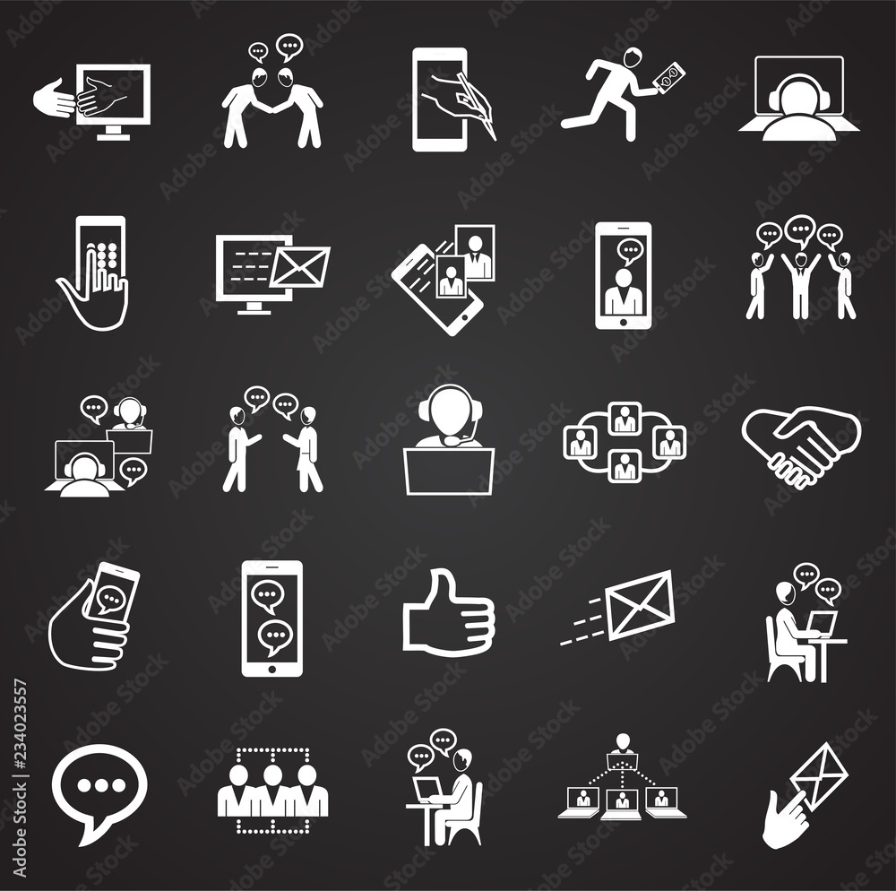 Social network and connections on black background icons