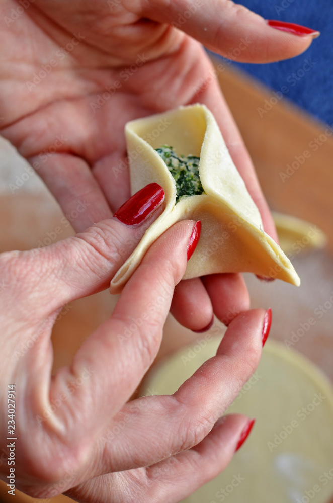 Female hands making dumplings